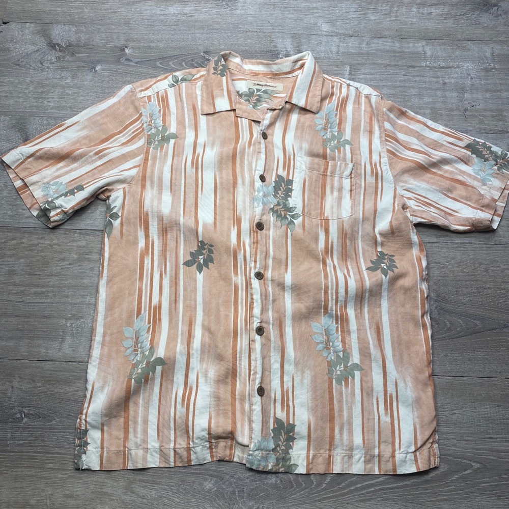Tommy Bahama Silk Button Down Mens M Orange Striped Leaf Print Casual Tropical